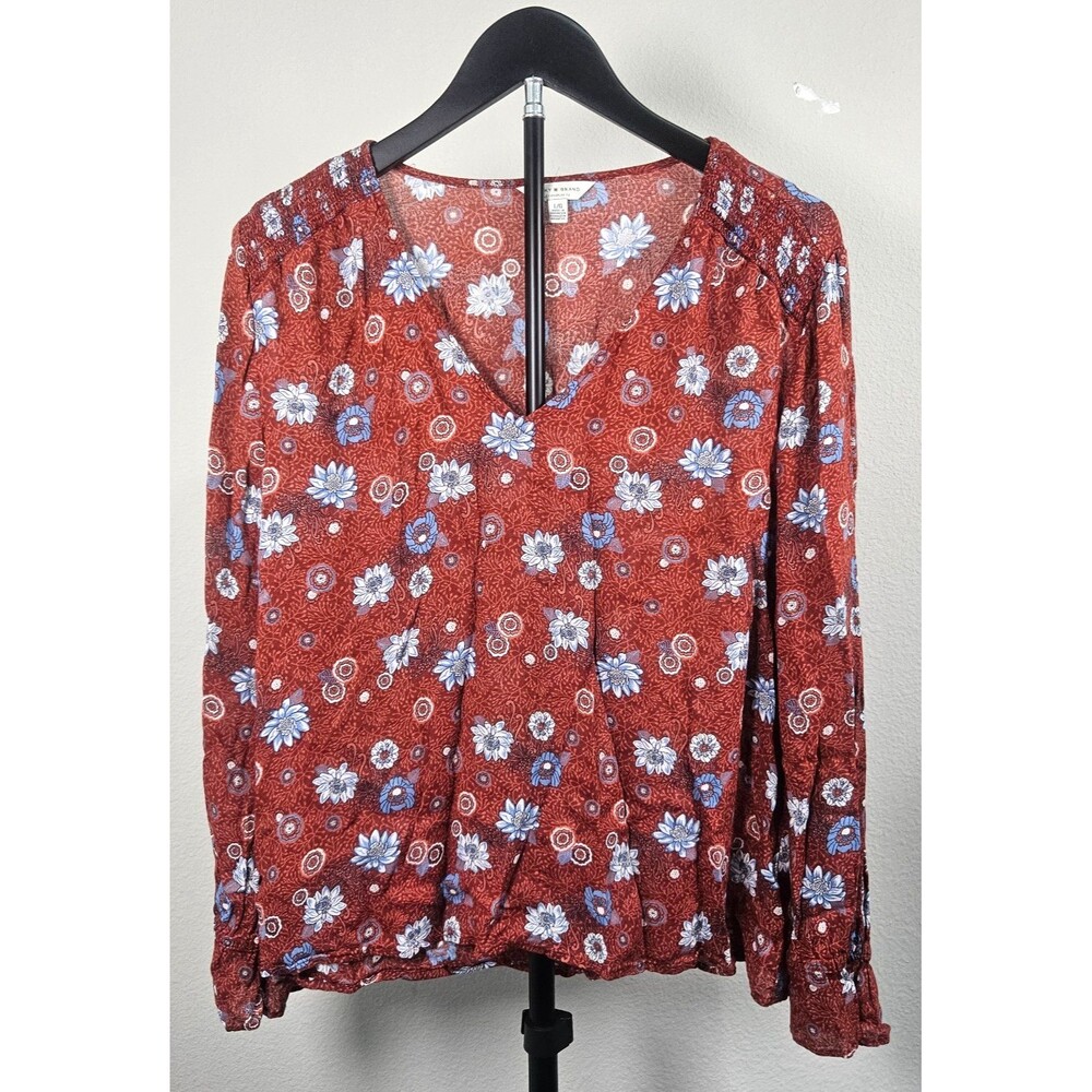 Lucky Brand Womens Large Floral Boho Peasant Blouse Rust Blue V Neck Top Prairie